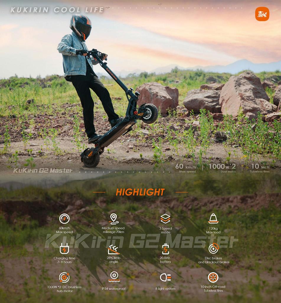 Electric Scooter Adult Kukirin G2 Master 1200Wx2 Dual Motor Electric Scooter Foldable Top Speed 60Km/h 52V 20.8AH Range 70Km Load 120Kg