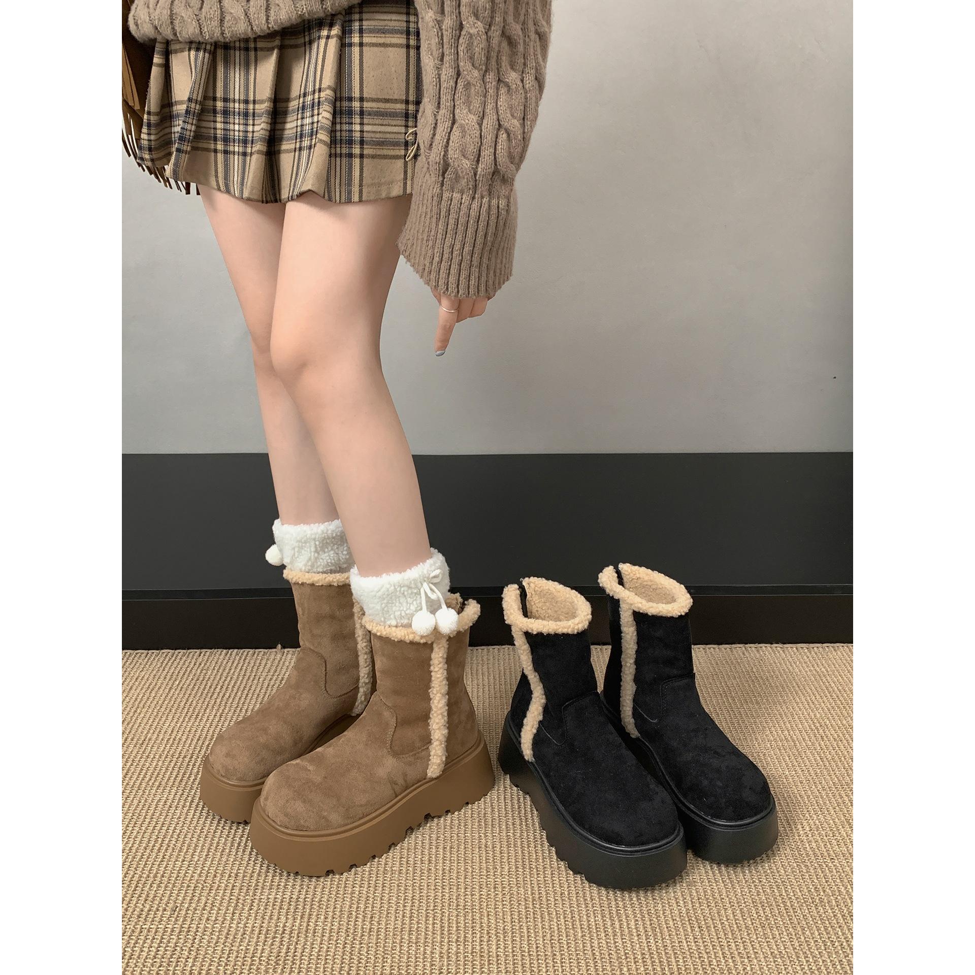 Wang Fan black versatile thick-soled snow boots winter warm and velvet cotton shoes 35 чёрный