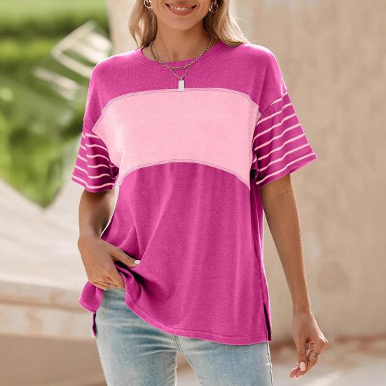 Women T-shirt Round Neck Short Sleeve Color Block Tee Shirt Loose Fit