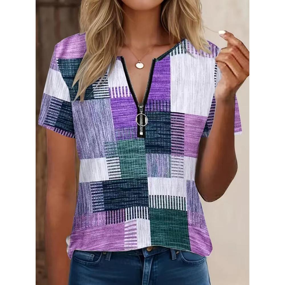 Women's Polo Shirt with Fashionable Zipper and Geometric Design, Summer Loose Short Sleeved T-shirt