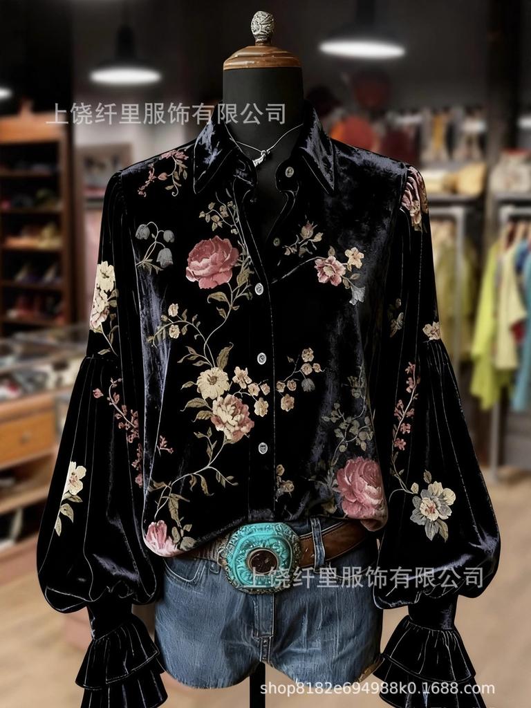 New Creative Fashion Velvet Lapel 3D Print Women's Long Sleeve Shirt