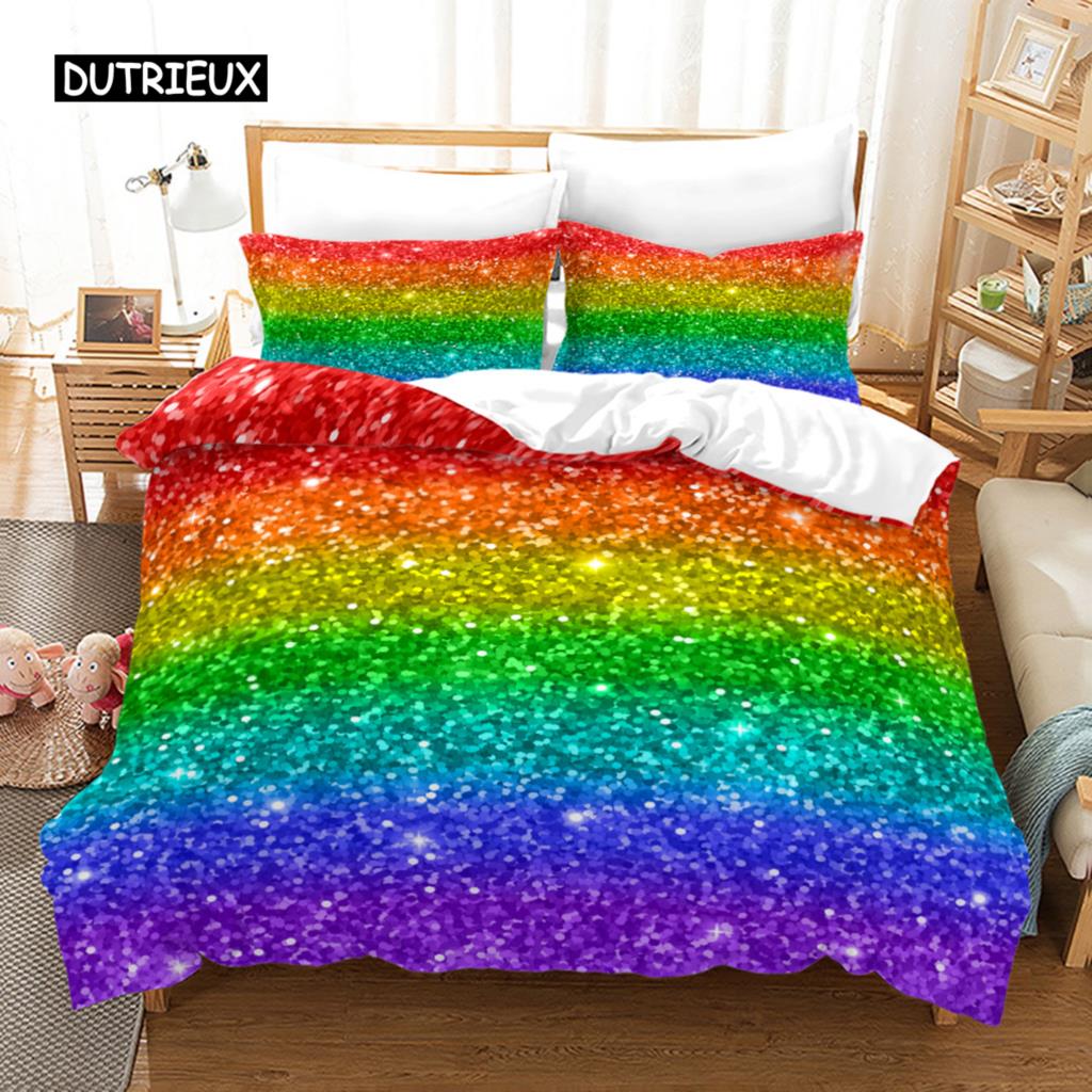 Farbverlauf Bettbezug Set Mikrofaser Regenbogen Streifen Glitzer Pailletten Bettdeckenbezug Doppel Queen King Size 2/3-teilig Bettdeckenbezug