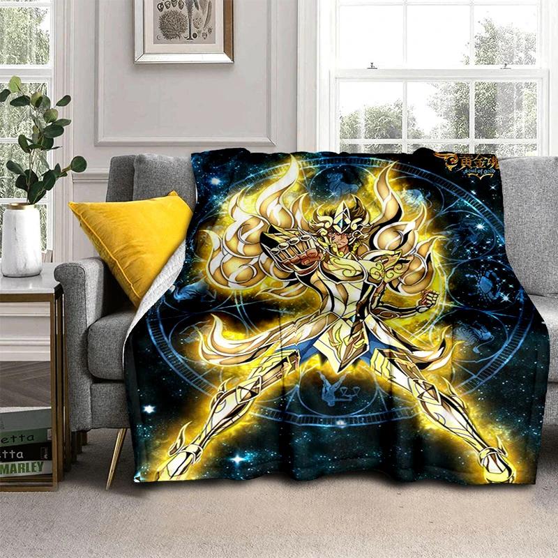 Anime Saint Seiya Glod Pattern Throws Blanket for Baby Hiking Picnic Bed Super Soft Cute Kawaii Flannel Blanket Birthday Gift