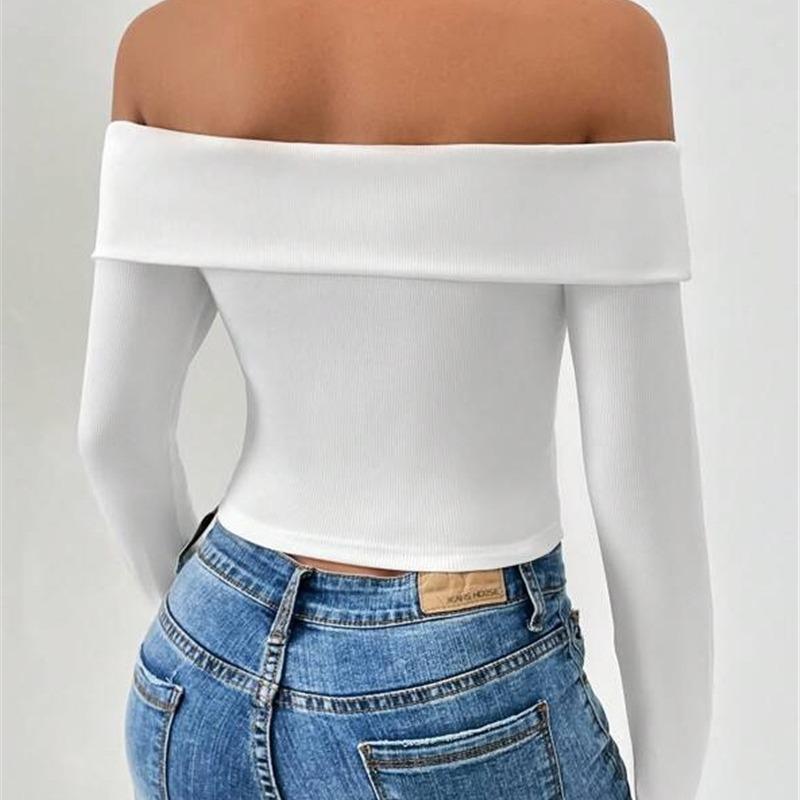 Dames Herfst en Winter A Woord Kraag Slim Honderd Passend Lange Mouw Strapless Kort T-shirt