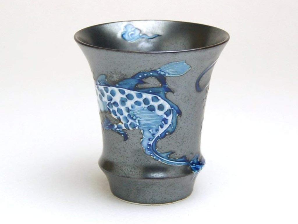 Sake cup (guinomi) - Arita ware, Emperor Dragon design, curved shape, Japanese sake glass, Made in Japan.