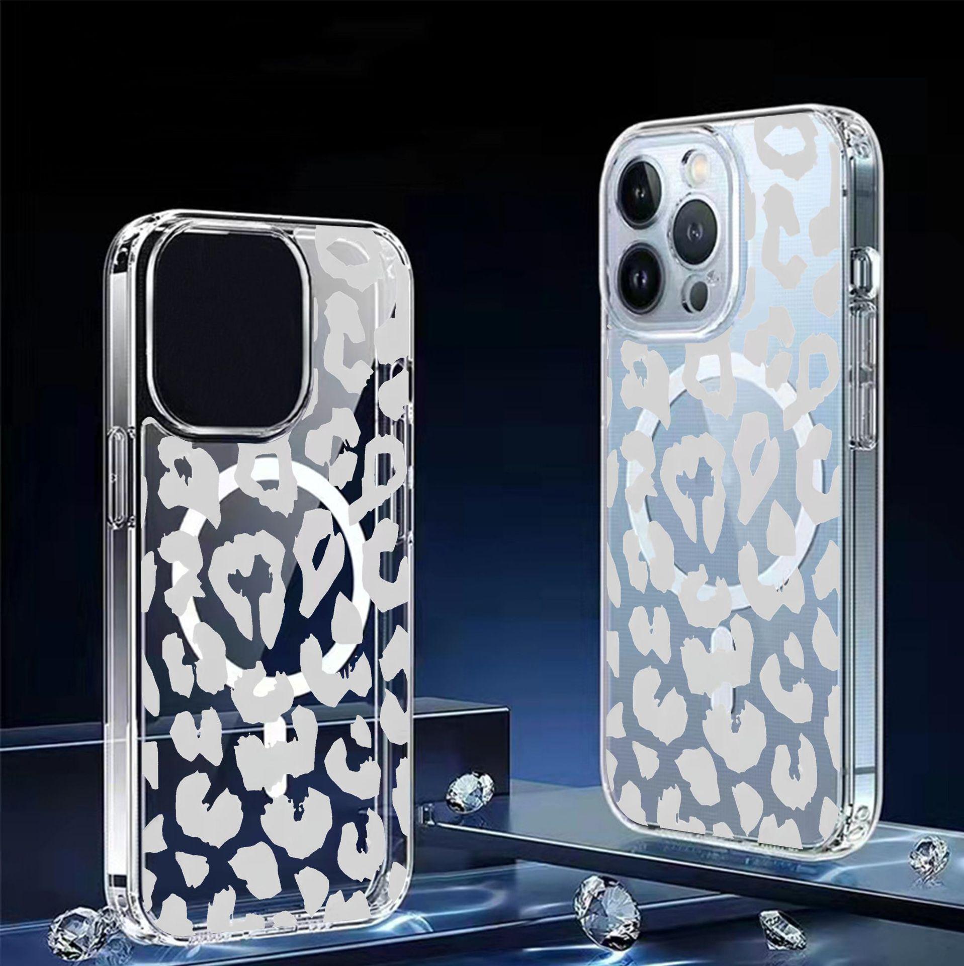 

Ash-Blue Leopard Print Magnetic Transparent Full Coverage Phone Case for iPhone 15/16/17 Pro Max iPhone 14 Plus