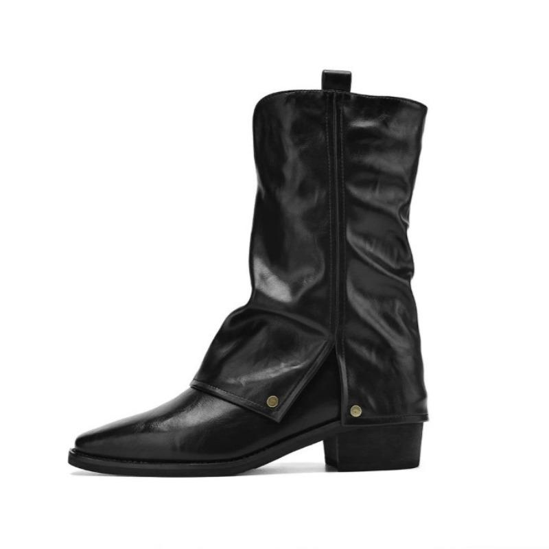 

Height Increasing Women Knight Boots Pointed Toe Vintage Rivet Comfort Soft Leather Short Modern Booties Autumn Shoes for Lady 40 чорний