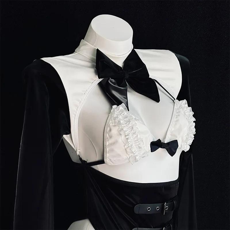 Sexy Anime Sexy Maid Girl Bow Hollow Uniform Cosplay Costume Bra Belt Dark Underwear Set Roleplay Outfit See Through Nightwear
