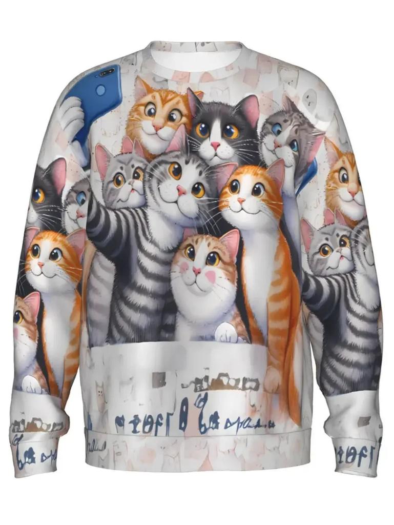 Cool Cat Guitar Player Print Long Sleeve T-Shirt, Casual Fashion Wear