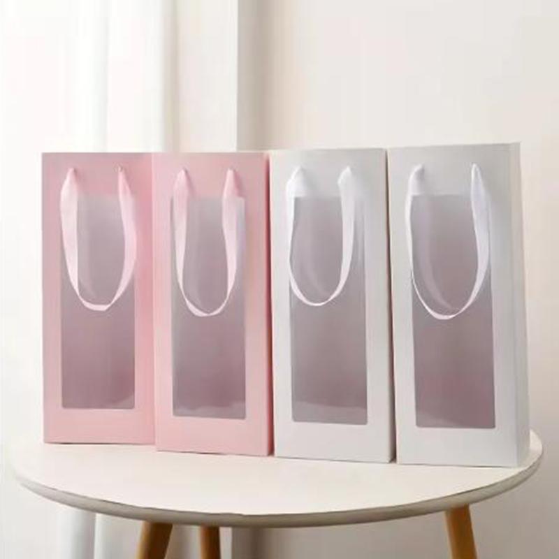 10Pcs Paper Transparent Flower Packaging Bags White Pink Single Rose Bouquet Window Box for Mothers Day Valentines Day Weddings