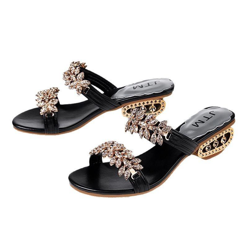 Large size rhinestone slippers women's summer new fashion rhinestone mid-heel square and open-toed cool slippers