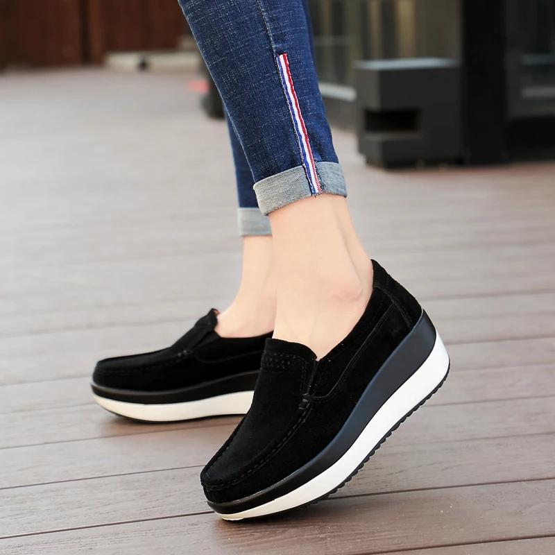 Women Flat Platform Loafers Ladies Elegant Suede Leather Shoes Slip On Women's Blue Casual Shoes