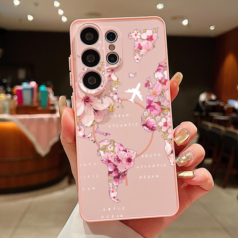 Magnetic Airplane Route Pattern Phone Case For Samsung Galaxy S26 S25 Ultra Edge S24 S23 FE A57 A17 A56 A37 A16 A55 A36 5G Cover