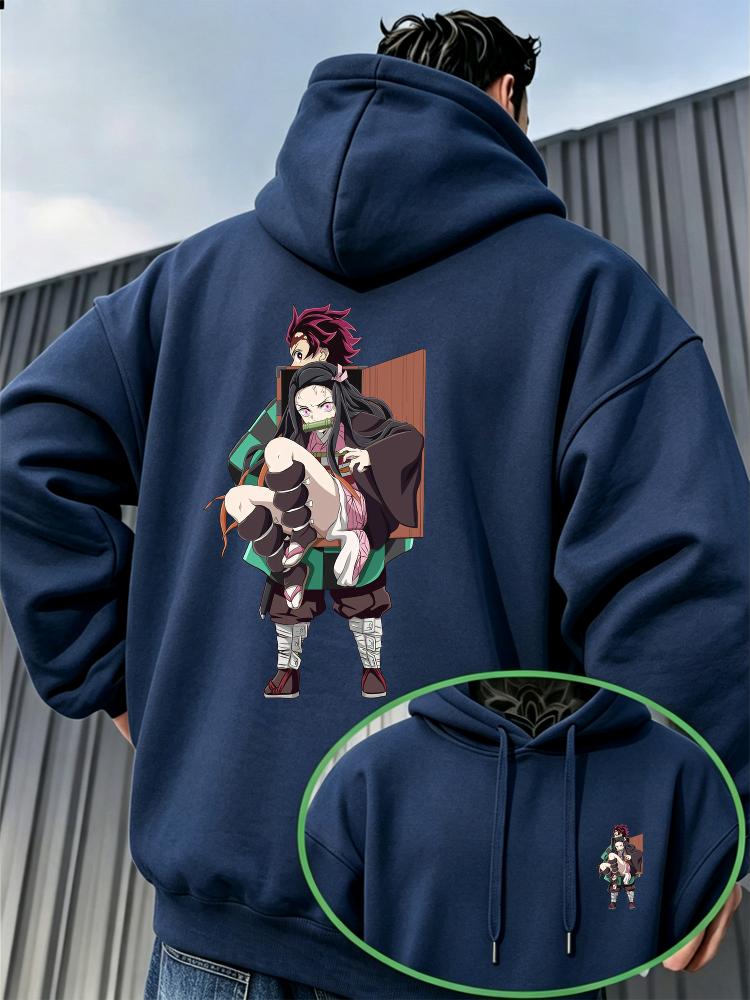 Wood-box Men Hoodie Front Dual Figure Mini Chest Print, Box Frame Character Back Art Graphic, Thick Fleece Pullover Sweatshirt for Leisure Sport Trips