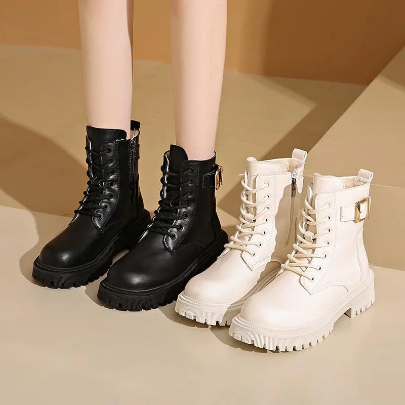 Bottes à plateforme pour femme Bottines à fermeture éclair latérale en peluche courte Hiver Chaussures pour femmes Mode Bout rond Grande taille