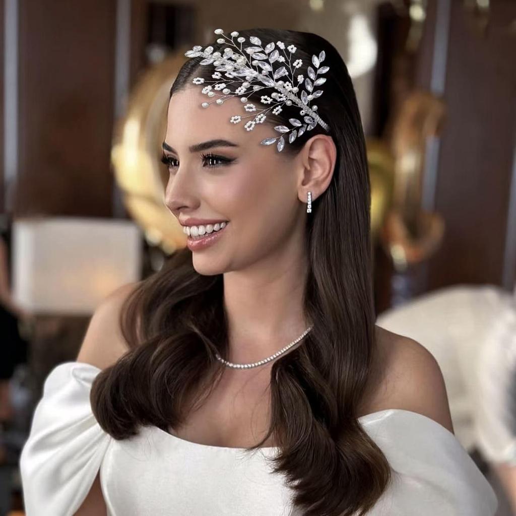 Double Row Pearl Rhinestone Claw Chain Headband with Wedding Veil