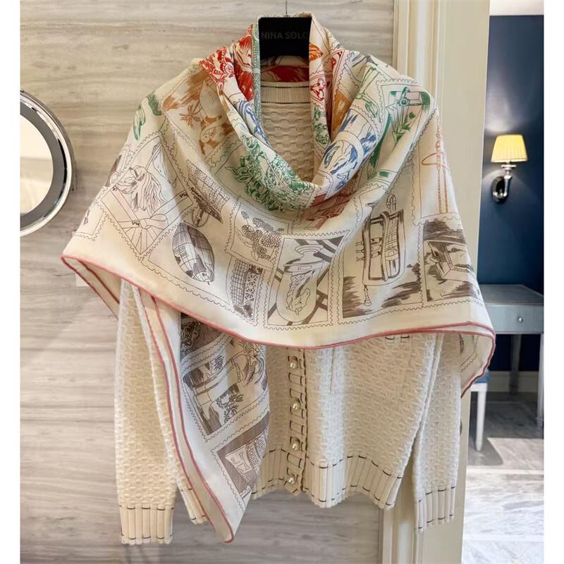 NINA SOLOR Fubao Philately Silk Wool Scarf