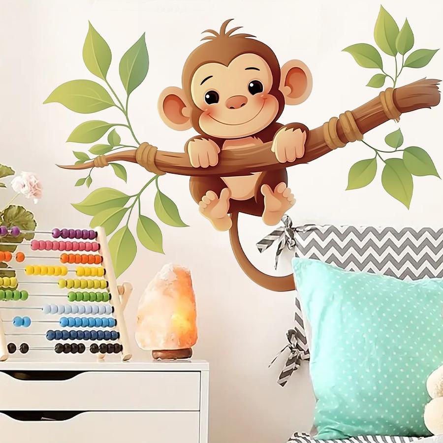 Cute Cartoon Little Monkey On Branch Wall Stickers, Self-Adhesive Decor for Kids Room Bedroom Background Wall Decoration