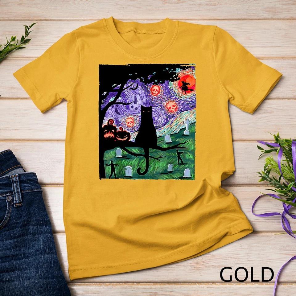 Scary Night Cat Van Gogh- Cat Black Halloween Pumpkin Art T-Shirt Unisex T-shirt 3 4XL