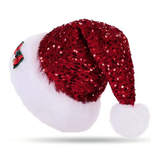 Yousheng Sequined Santa Hat Glittery Christmas Hat with Bow Fluffy Pompom Unisex Fuzzy Xmas Hat for Christmas New Year Festive Parties