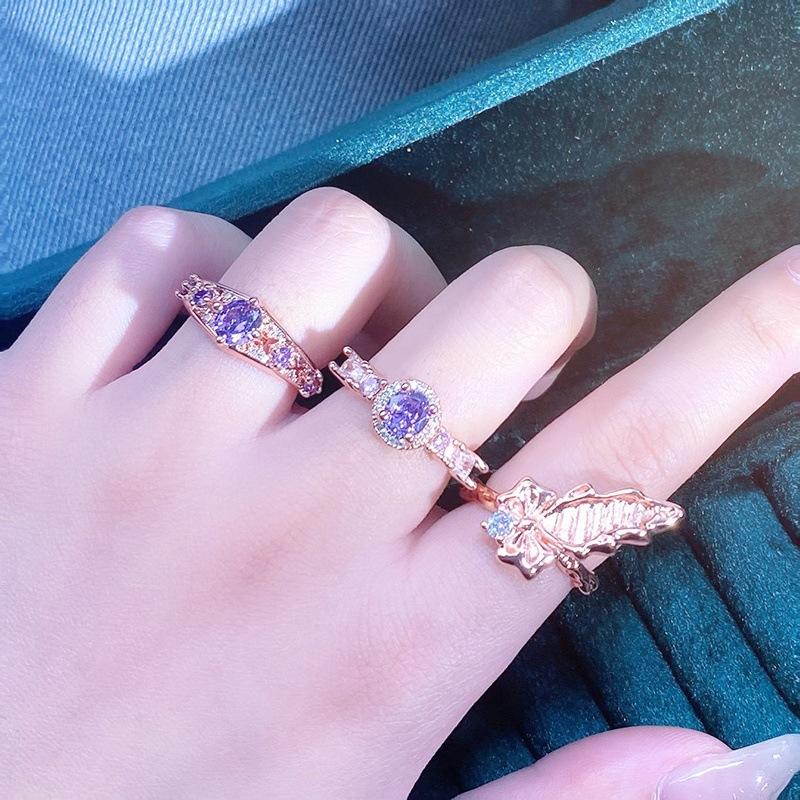 Rose Gold Purple Full Diamond Zircon Geometric Opening Ring Personality Light Luxury High Sense Retro Exquisite Ring Woman