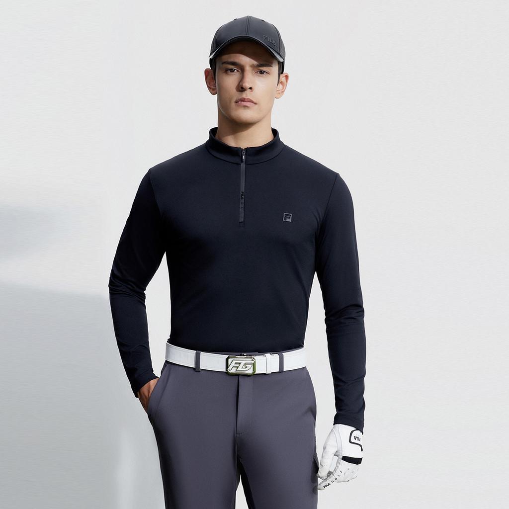 Fila New Knit Long Sleeve Golf Lycra Polo Shirt Sweatshirt Men Tops Deep-Black A11M345220F-BK