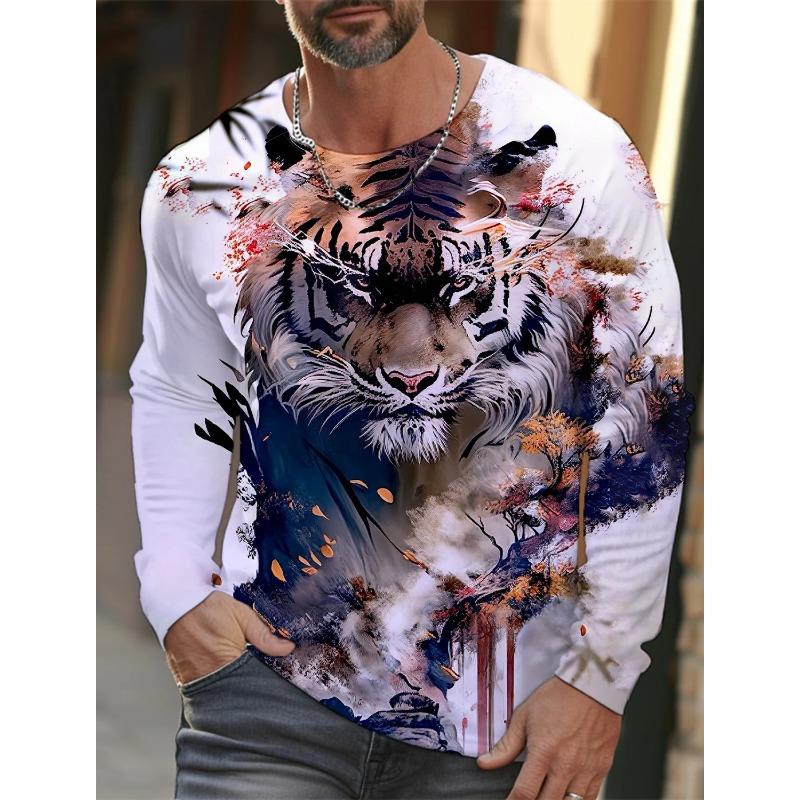 Spring and Autumn Round Neck Tiger Pattern 3D Printed Top Fashionable Casual Long Sleeved Men's T-shirts