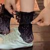 Womens Thin Mesh Breathable Midcalf Lace Socks With Mary Jane Lace Trim Hollowout Lace And Bowknots