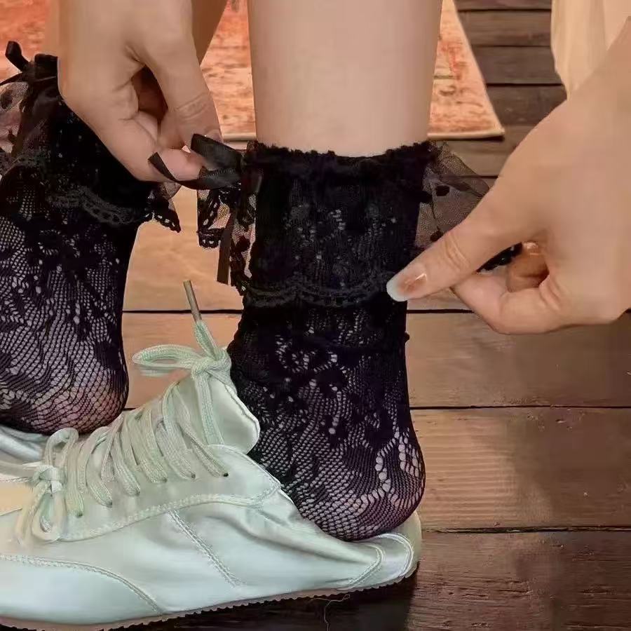 Womens Thin Mesh Breathable Midcalf Lace Socks With Mary Jane Lace Trim Hollowout Lace And Bowknots