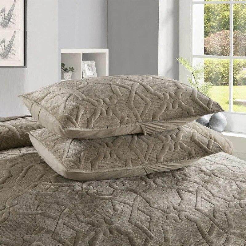 Europäisches gestepptes Samt-Tagesdecken-Set für King-Size-Betten, wendbare Vintage-Steppdecken, Queen-Size-Bettbezug mit 2 Kissenbezügen, weiche, warme Bettdecke