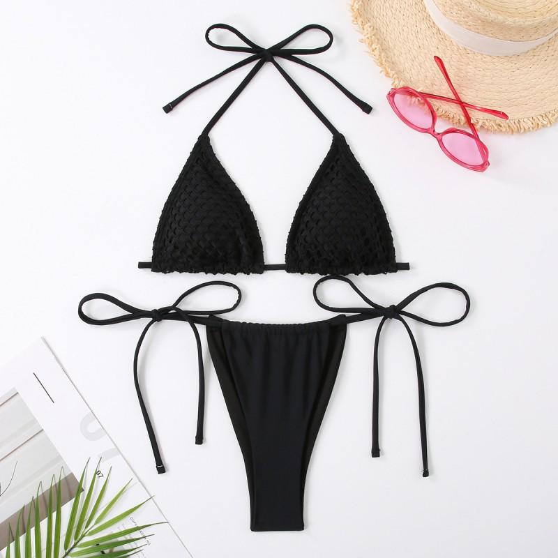 Split Bikini Swimsuit Women Lace Tight Sexy Hanging Neck Fashionable Solid Color