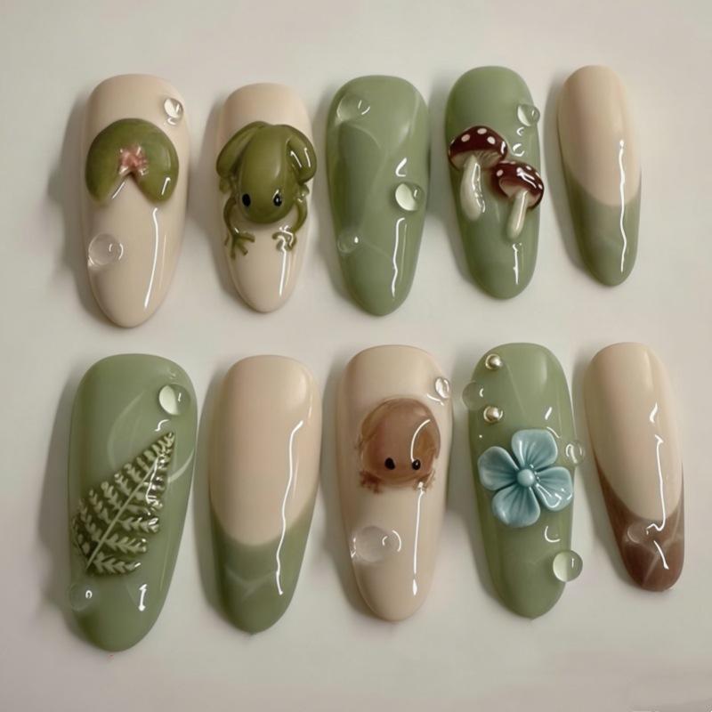 24PCS Vintage Green Plaid Almond Press On Nails Cute Fruit Bow Sweet Strawberry French Fake Nails for Women Girls Ins Nails Tips