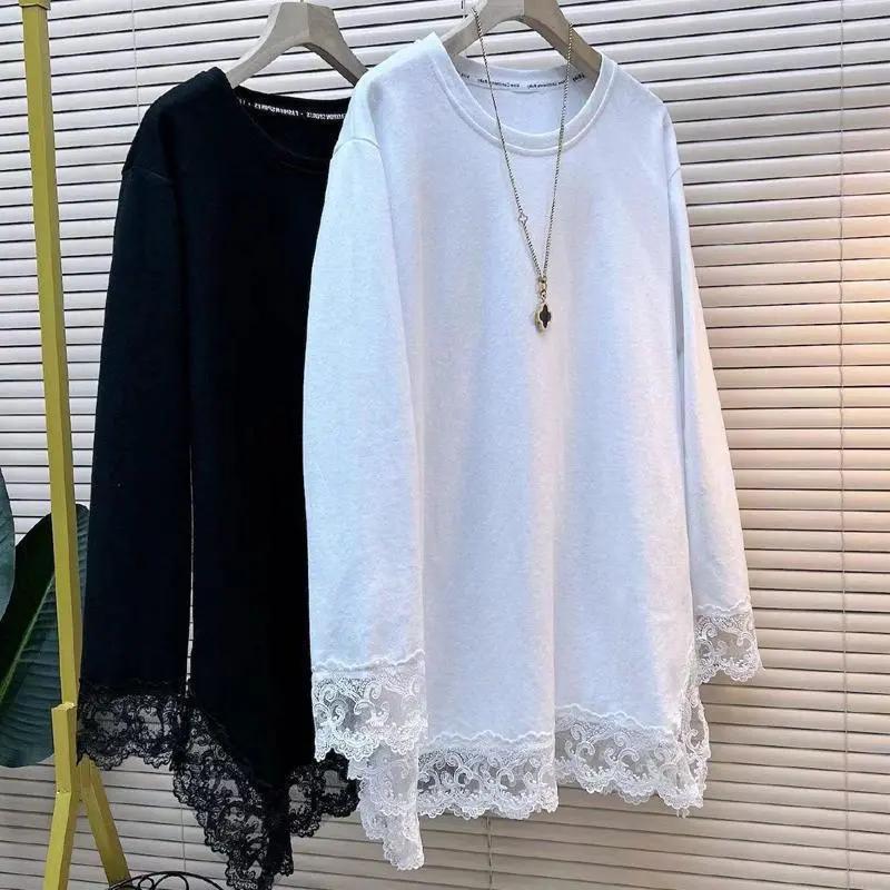 

Женская весенне-осенняя однотонная футболка с длинным рукавом, уличный стиль, повседневная, с кружевной отделкой, пуловеры, топы 3XL чёрный