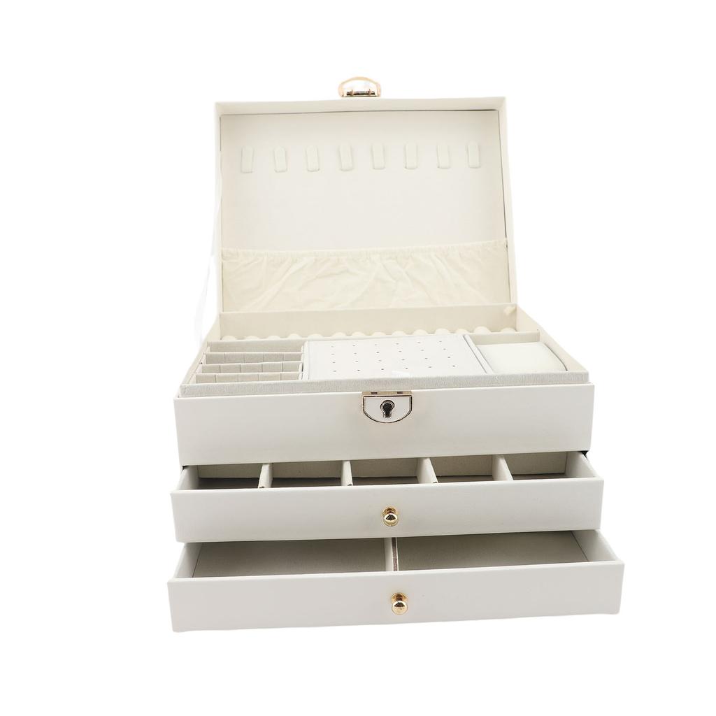 Jewelry Box 3 Layers PU Leather Jewelry Storage for Ear Necklace Bracelets Lockable with Key
