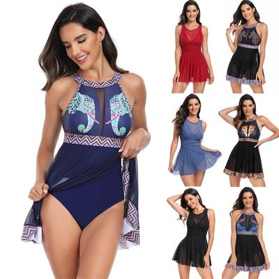 Costume de baie tankini imprimate la modă pentru femeie, cu talie înaltă, fără spate, pentru plajă, cu gât rotund, fără mâneci, costume de baie dintr-o bucată