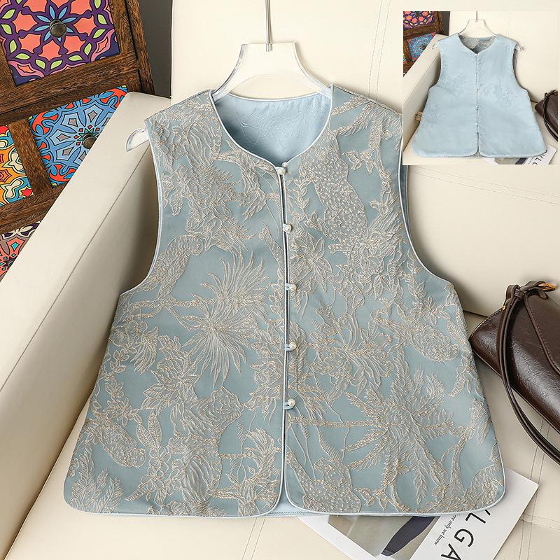 

Reversible Sleeveless Frog Button Vest - Women s Spring/Autumn Song Brocade Jacquard Camisole with Round Neck 2XL (100-115 jin)