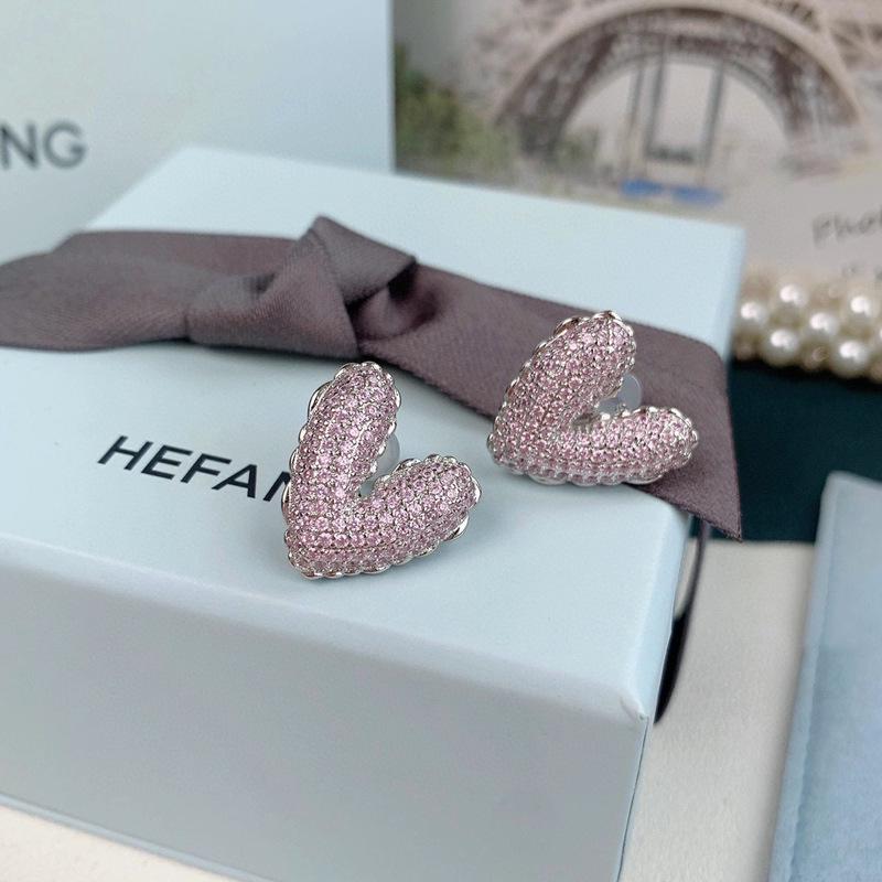 HEFANG Tulip Sterling Silver Heart Stud Earrings with Full Diamond and Epoxy Design.