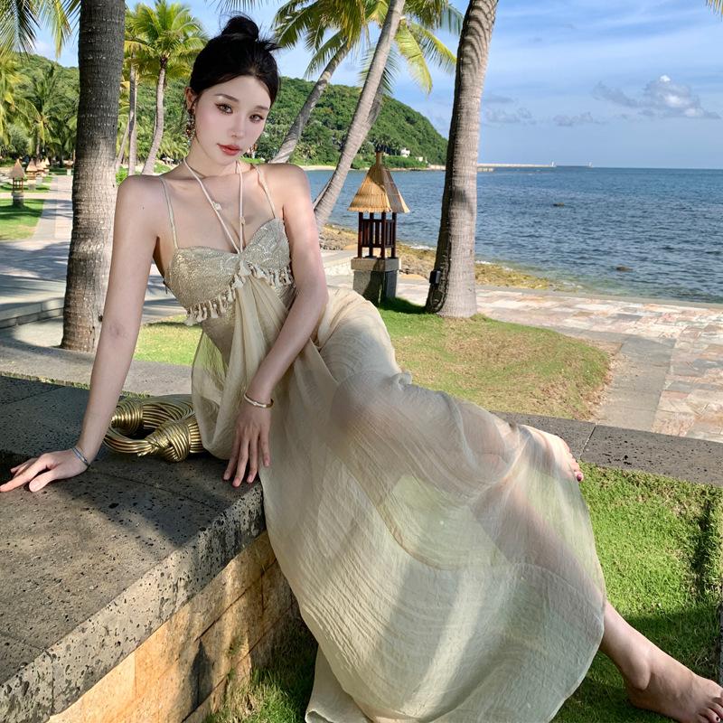 Summer New Beach Vacation Seaside Neck Dress Waist Suspender Word Skirt Women S