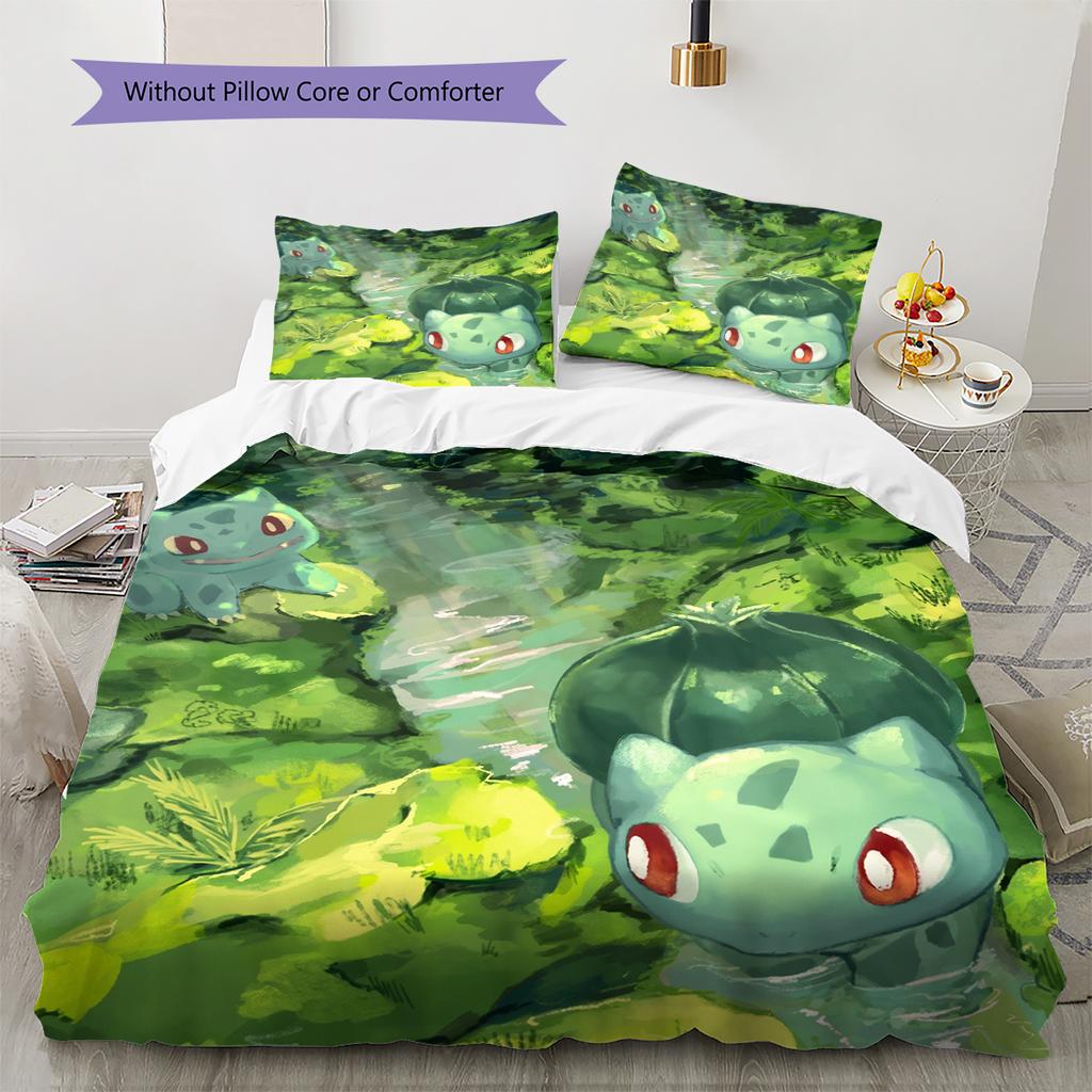 Pokémon Bulbasaur Vzor Povlečení Domácí Dekorace Narozeninový Dárek (1 * povlak na peřinu + 2 * povlak na polštář, bez jádra)