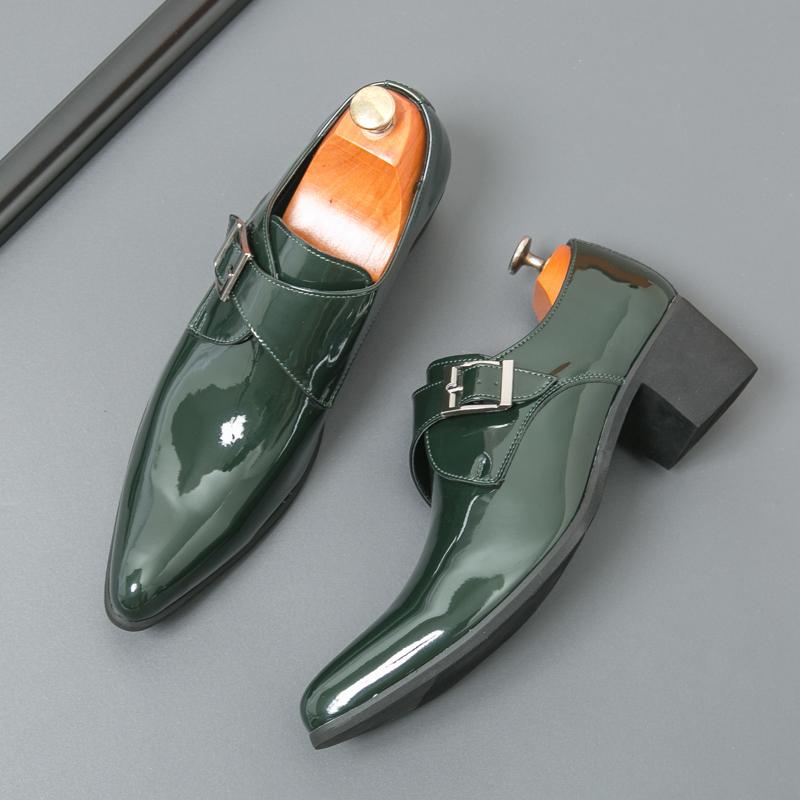 Luxury Designer Monk Leather Men Shoes 5.8CM High Heels Polish Buckle Strap Pointed Toe Casual Shoes Men Party Wedding Shoes