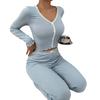 Womens Lace Trim Ribbed Knit Pajamas Set Long Sleeve Crop Top Wide Leg Pants Lounge Set 2 Piece Pjs Sleepwear