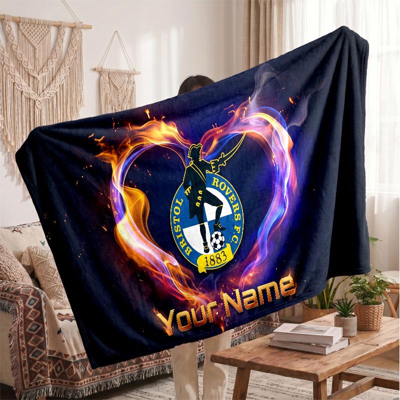 Bristol Rovers Personalized Fleece Blanket With Football Logo, Custom Name Text Soft Warm Home Throw Blanket