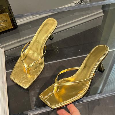Low Thin Heels Flip Flops Women Slipper Summer Outdoor Fashion Pinch Narrow Band Slides Shoes Square Toe Beach Sandals