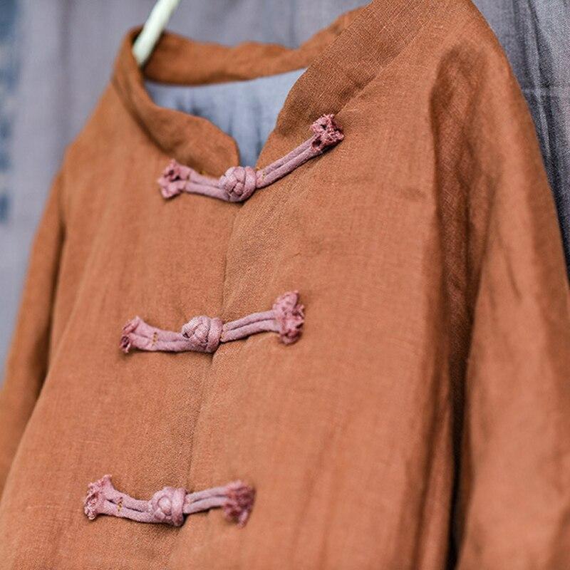 Johnature Frauen Vintage Leinen Parkas Taste Einfarbig Mäntel Winter Stand Plus Baumwolle Taschen Weibliche Chinesische Parkas