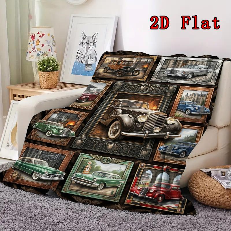 Classic Car Art Rug 2D Flat Pattern Flannel Blanket, High Quality All Seasons, Home Decor, Warmth and Comfort, Perfect for Christmas Gifts.