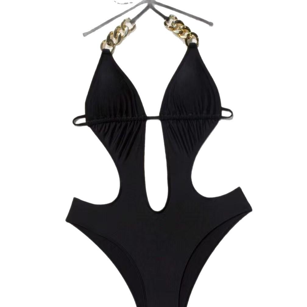 Traje de baño de una pieza sexy para mujer con cuello halter, espalda descubierta con cadena dorada, corte, push-up, monokini, traje de baño para vacaciones en la playa