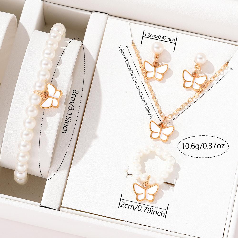 Ensemble 5 Pièces Femme Simple Pendentif Papillon Goutte d'Huile Bracelet Zircon Boucles d'Oreilles Collier Bague Zircon Doux Personnalisé