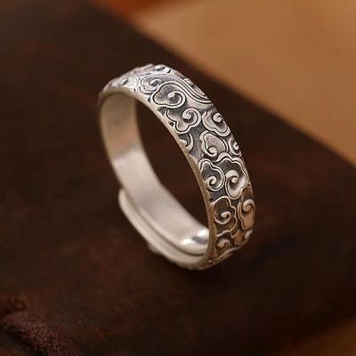 BOCAI Real S999 Pure Silver Jewelry Distressed Matte Retro Auspicious Cloud/Plum/Lotus Chinese Style Women's Open Ring