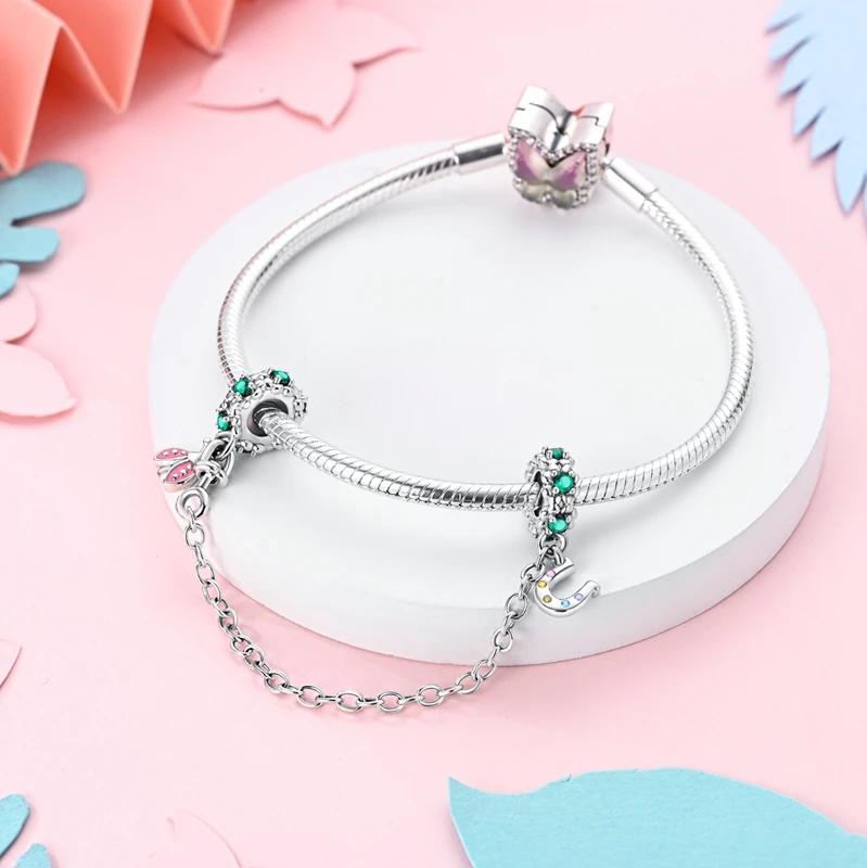 Classic Safety Chain Copper Butterfly Inlaid Zirconium Charms Beads Fit Original Bangle Bracelet Diy Jewelry Gift