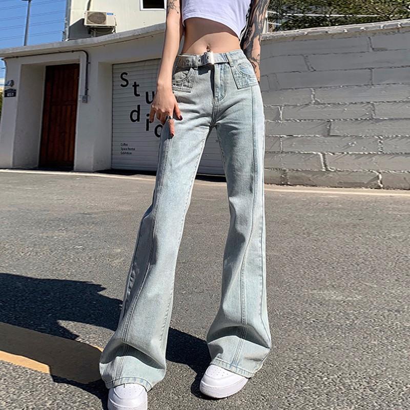 Light blue slightly pulled jeans women's retro high waist loose and thin Spice girl design sense mopping floor straight flared pants